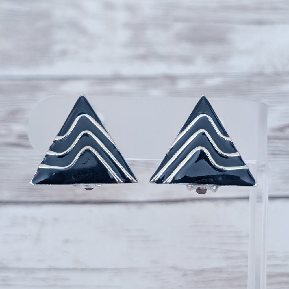 Vintage Clip On Earrings Dark Blue Enamel & Silver Tone Retro Triangle